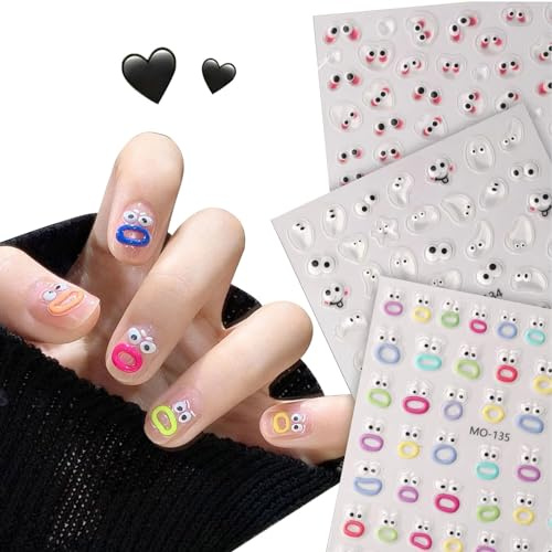 WEQEER Funny Expression Design Nail Art Stickers, Cartoon Monster Face Self Adhesive Jelly Nail Art Decals DIY Nail Salons, Nail Stickers, Women and Girls (3 Pieces)