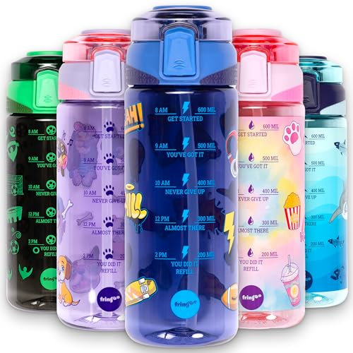 Fringoo - 650ml Kids Water Bottle - Carry Handle 100% Leakproof & BPA Free Tritan Silicon Straw - Secure Flip Lock Lid, Blue Navy Doodles Design