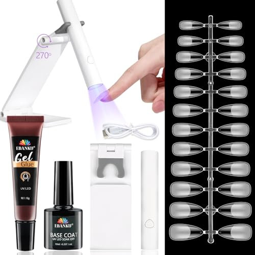 EBANKU Nail Tips and Glue Gel Kit - Gel x Nail Extension Set mit Mini UV Lampe für Nägel Feste Nagelkleber, Base Coat, 120PCS Soft Gel Full Cover Nail Tips Nagelverlängerung - Medium Almond
