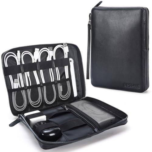 Polare Reise-Kabel-Organizer aus Nappaleder, Elektronikzubehör, Tragetasche mit YKK-Reißverschlüssen, Tech-Aufbewahrungstasche für Kabel, Powerbank, USB, SD-Karte, Reiseutensilien (schwarz)