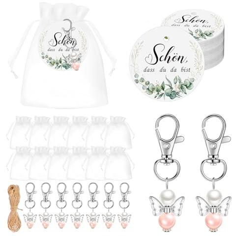 Forhandy 30 Stück Schutzengel Anhänger Gastgeschenk Set, Gastgeschenk Kommunion mit Danke Schlüsselanhänger Weiß Schleife Weiß Kartenanhänger Organzabeutel Dankeschön Hochzeitsgeschenke für Gäste