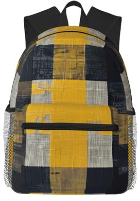 WURTON Rucksack mit abstraktem Weltkarten-Druck, lässig, ruhige Fächer, Arbeit, Reisen, Outdoor-Aktivitäten, Unisex-Tagesrucksäcke, Gelb, Grau, Schwarz, kariert, Einheitsgröße