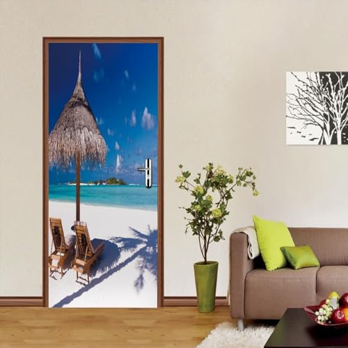 stickers paroi de douche 80x200cm(31.49 inches * 78.74 inches)Mer plage de sable Stickers De Porte Autocollants De Porte 3D Auto-adhésif ImperméAble Amovible WC,Sticker Porte Chambre,Autocollants Port