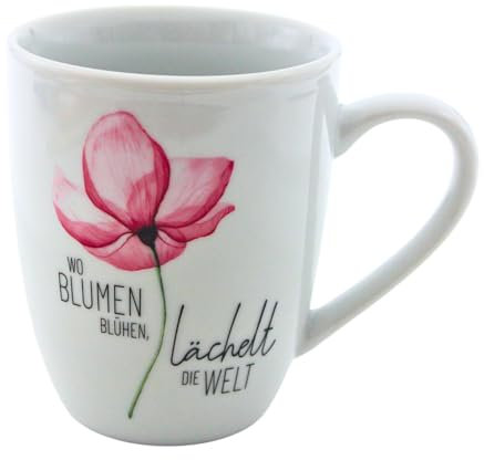 Dekohelden24 Kaffeebecher/Tasse aus Porzellan, Motiv: Blüte, Wo Blumen blühen, lächelt die Welt, Größe H/Ø: 10 x 8 cm, Fassungsvermögen 250 ml, Spülmaschinengeeignet.