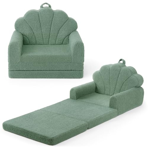 Blissful Diary Kids Couch, 2-in-1 Soft Toddler Couch Fold Out, Toddler Chair Comfy, Convertible Sofa to Lounger, Kids Furniture for Playroom, Gift for Birthday, Children's Day, Green Shell
