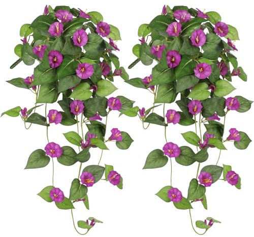 Briful Confezione da 2 fiori artificiali in seta Morning Glory, da appendere, altezza 65 cm, fiori artificiali fucsia, piante finte da appendere, per cucina, bagno, mensole e decorazioni da parete