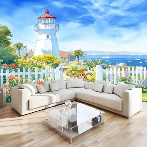 Fototapete 3D Effekt Bemalter Leuchtturm Meer Vliestapete Bedrucktes Wandbild, Modernes Wanddeko Poster Kunst, Für Wohnzimmer Schlafzimmer, Mit Geruchsfreiheit B200 X H140 Cm
