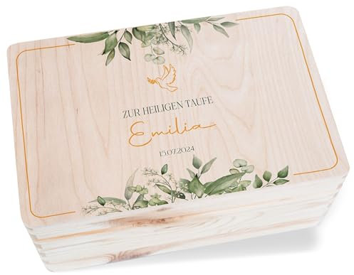 Holz Erinnerungsbox Baby Geschenkbox Holzkiste Baby - Taufe Geschenk Holzbox mit Friedenstaube | Individuell mit Name und Datum - 30 x 20 x 14 - Holz - taufgeschenke mädchen