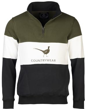 Rydale Mens Striped Embroidered Sweatshirt Men Country Jumper Sweater Fleece (UK, Alpha, M, Regular, Regular, Pheasant Olive/White/Black)