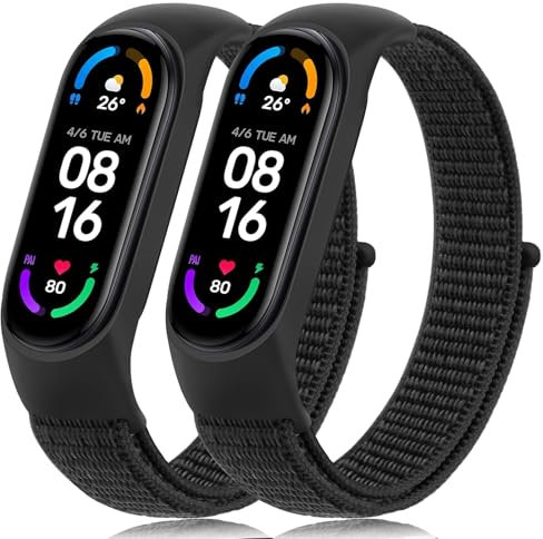 Mugust 2 Stück für Xiaomi Mi Band 7/Mi Band 6/Mi Band 5/Mi Band 4/Mi Band 3 Armband, Verstellbares Dehnbares Nylon Ersatzarmband für Xiaomi Mi Band 3/4/5/6/7 (Schwarz+Schwarz)