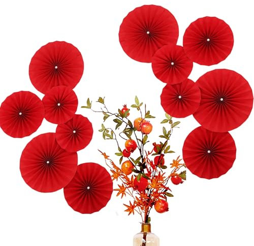 12 Stück Papierfächer,Hochzeitsfächer, Perlendekoration, Hochzeitszimmer,Hintergrund, Wandlayout, Fensterdekoration, Geeignet Für Hochzeits-Hintergrundwand, Geburtstagsparty-Dekoration(rote Perle)