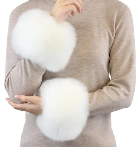QIBZI Handschuhe & Fäustlinge für Damen,Ärmel mit Pelzbesatz, Handschuhe, winddichte Manschetten, Handgelenkschützer, warme Ärmel aus Fuchspelzimitat (weiß)