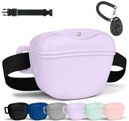 Aomig Leckerlibeutel für Hunde 3Pcs Hundeleckerli mit Trainingsklicker Gürtel Tasche Hundetraining Bauchtasche Hund Gassitasche Futterbeutel Hunde Gassigehen Hundetraining Silikon Trainingstasche Lila