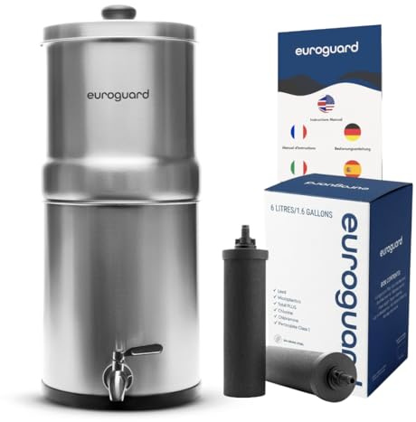 EuroGuard® Schwerkraft-Wasserfiltersystem – Arbeitsplattensystem aus 304-Edelstahl, 6 Liters Fassungsvermögen, Edelstahlhahn, mit 2 Premium-Aktivkohlefiltern (Matte Ausführung)