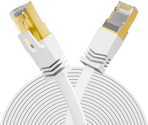 FGB Lan Kabel 10 Meter, Netzwerkkabel Cat 7 Flach mit Vergoldetem RJ45 für Hochgeschwindigkeits- Gigabit 10 Gbps Übertragungsrate Weiß