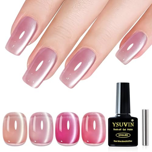 YSUVIN UV Nagellack Cat Eye, 4 Farben Nude Rosa Jelly Glas Kristalle Cat Eye UV Gel mit Magnet Soak-Off Gel Nagellack für Anfänger DIY Nail Art Maniküre Salon, 8 ML