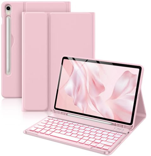 Vobafe Tastatur Hülle für Samsung Galaxy Tab S10 Lite/S10 FE/S9 FE 10.9 Zoll/Tab S9 11 Zoll, 7-Farben Beleuchtung Keyboard Cover mit Stifthalter & Schnellladung, QWERTZ-Layout, Pink