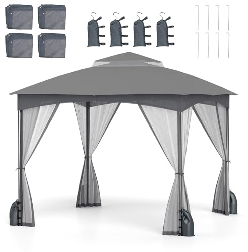 HOMASIS Faltpavillon mit 4 Moskitonetz, Pavillon mit 4 Sandsäcken & Doppeldach & Tragetasche, Wasserdichter Stabil Winterfest Gartenpavillon, Gartenzelt Partyzelt mit UV-Schutz (Grau, 3x3m)