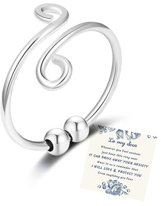 Senteria Anxiety Ring für Damen 925 Sterling Silber Fidget Ring für Angst Damen verstellbare offene Rings mit Spinner Perlen Stress Relief Daumen Rings Geschenke für Männer