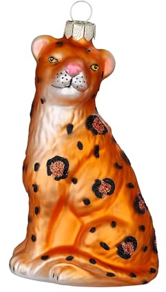 Christbaumschmuck Glas 11cm - Leopard Figur zum Aufhängen - handbemalt - Weihnachtsbaum Anhänger für Weihnachten - Christbaumanhänger & Weihnachtsbaumschmuck - exotische Tiere Raubkatze Orange