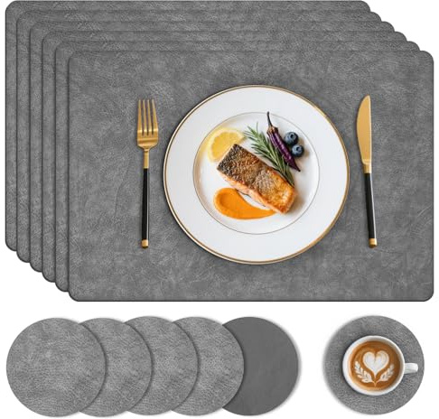 Nymblis Placemats and Coasters Set of 6, Waterproof Dual-Sided Table Mats | PU Leather Place Mats for Table, Wipeable and Washable, Heat Resistant, for Dining Indoor Outdoor, 43 x 30 cm, Gray