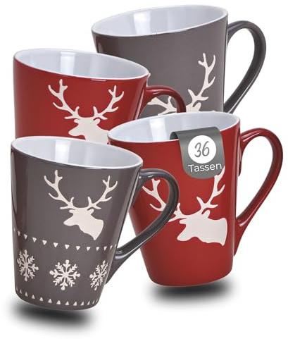Schöne Weihnachtstassen im 36 Stk. Karton - 200 ml Kaffee-Tassen mit Skandi Elch Weihnachtsmotiven in rot grau