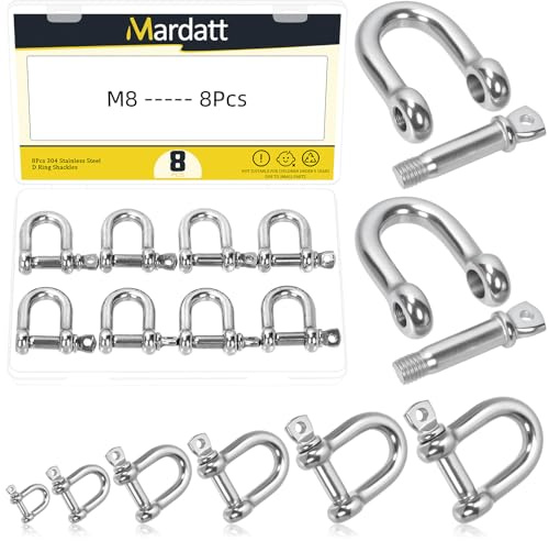 Mardatt 8 Stück M8 304 Edelstahl-D-Ring-Schäkel, Schraubbolzen-Ankerbügelschäkel, Schäkel in Marinequalität für die Konstruktion von Schwerlast-Abschleppgurten