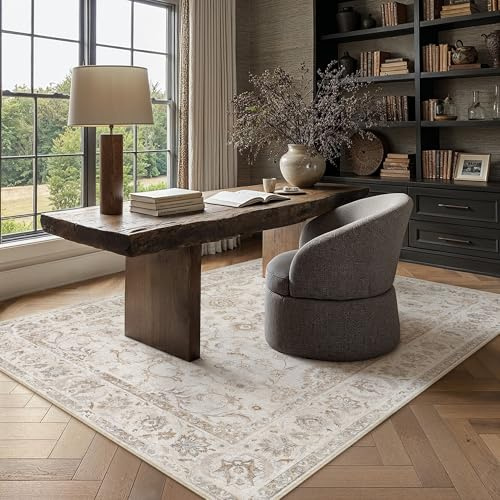 PureCozy Beige Teppich Wohnzimmer 80x150cm Waschbarer Cream Teppiche | Weicher Kurzflor, Rutschfest, Pflegeleicht, Vintage Carpet, Schlafzimmer, Esszimmer, Büro ,Kinderzimmer