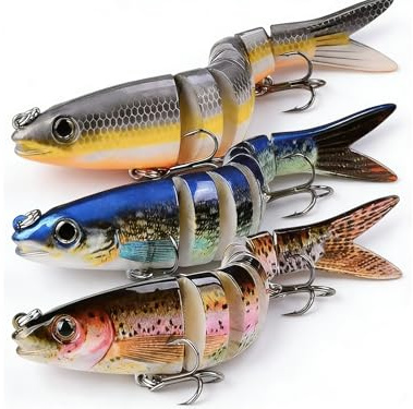 3 Stück Kunstköder Set, 3D Realistische Multi-Gelenk Wobbler Gummifische, ABS Umweltschonend Angelköder mit DREI Haken für Forellen Hecht Barsch – Salz- & Süßwasser Alle Wasserschichten
