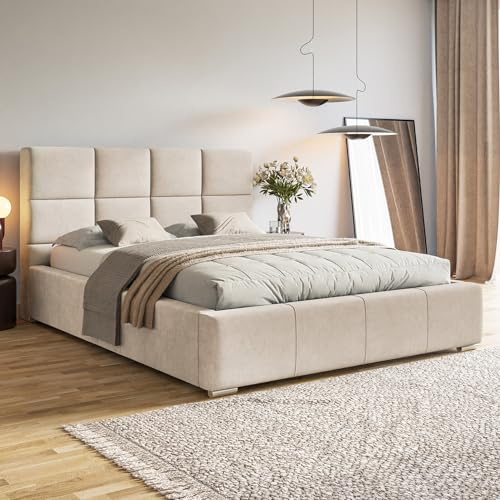 MOTIVENA Luna Bett 160x200 Beige Samt, mit Stauraum, mit Kopfteil, mit Lattenrost, mit Füßen, ohne Matratze, Polsterbett 160x200 mit Bettkasten Beige (Creme)