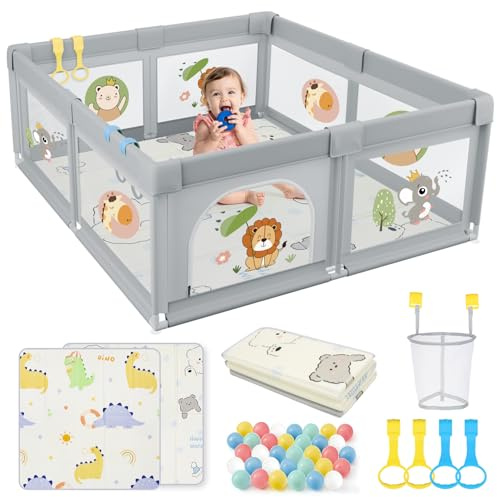 SPYLAVE Laufstall Baby mit Matratze 120x120, Kleines Laufgitter Baby mit Saugnapfbasis, 360° Atmungsaktivem Netz und 210D Oxford Gewebe, Stabiler & Sicherer Babyspielplatz, 60 Bällen & 4 Zugringe