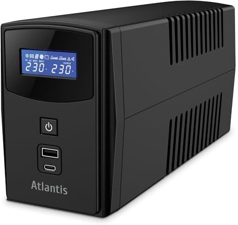 Atlantis A03-S1000P Trådlös strömförsörjning, pseudosinusvåg, 1 000 VA 600 W, linje-interaktiv LCD-skärm, dubbel främre USB-port, 2 Schuko-utgångar, integrerad Alim-kabel, USB, 1 batteri 12