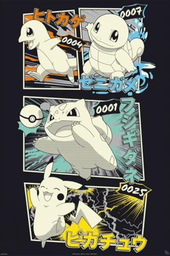 Pokemon Pikachu und Kanto Starters Maxi-Poster, laminiert, großer Wandkunstdruck, Wanddekoration, Heimbüro, Klassenzimmer, Dekoration, Geschenkidee, dekorativer Druck, 91,5 x 61 cm