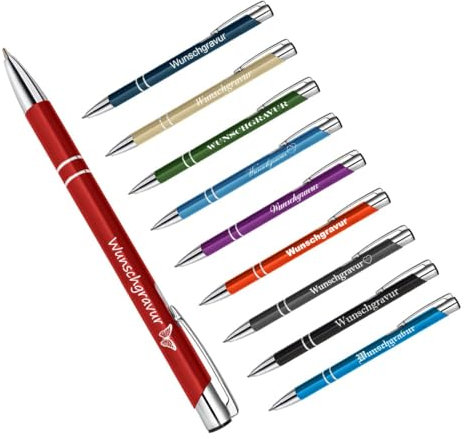 polar-effekt 10 Stück Metall Oleg Kugelschreiber mit Gravur des Namens - Personalisierte Geschenkidee zum Valentinstag Mitbringsel - blau schreibend - Farbe rot
