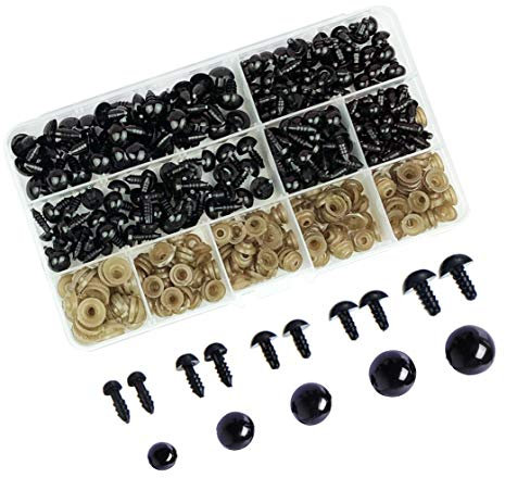 Aucheer 200 Stück 6 mm - 12mm Sicherheitsaugen Set Kunststoff Schwarze Solide Sicherheit Augen mit Unterlegscheiben für Teddy Amigurumi Plüschtier Puppe Marionette - Schwarze