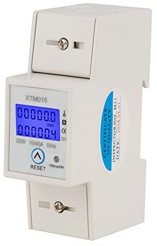 LCD Digital Stromzähler Einphasen Wattmeter für DIN Hutschiene, 2P Wechselstromzähler 50/60Hz 220V 10(40) A mit Momentanverbrauch (Rückstellbar) / Gesamtverbrauch Anzeige