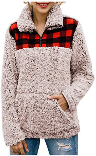 Lazzboy Frauen Plaid Flanell Patchwork Langarm Sweatshirt Pullover Shirt Tops Bluse Damen Fleecejacke Zip-Jacke Sweatjacke Mit Stehkragen Und Taschen(Khaki,L)