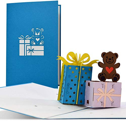 Geburtstagskarte mit 3D Geschenken und Teddy, süße Pop up Glückwunschkarte zum Geburtstag, Geschenkidee Kinder und Geldgeschenke, G20