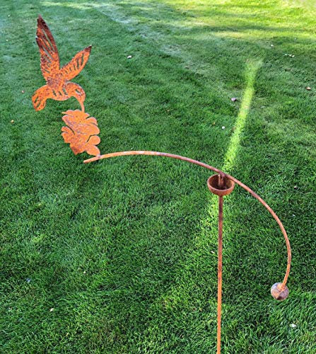 GAP GARDEN PRODUCTS - Solid Metal Rustic finish Garden Wind Spinner/Rocker with a Humming Bird design on a Single arm (Bare metal and will rust natuarally)