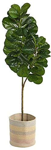 Nearly Natural 5.5ft. Fiddle Leaf Fig Artificial Tree in Handmade Natural Cotton Multicolored Woven Planter