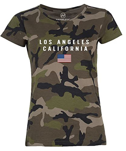 Neverless® Damen Camo-Shirt Bedruckt Schriftzug California Los Angeles USA Amerika Flagge Camouflage Tarnmuster schwarz XL