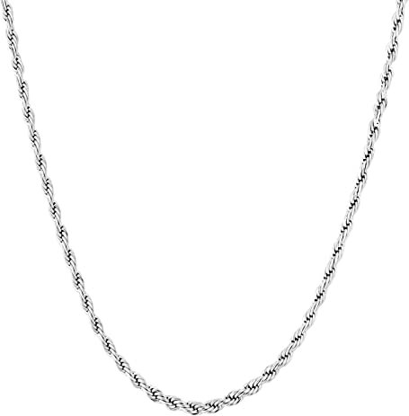 KRKC&CO 2,5mm dünne Kordelkette Rope Kette Edelstahl, Weißgold beschichtet Zopfkette, feine Silberkette für Herren Damen, Unisex Rope Chain Seilkette, Geburtstag Weihnachten Geschenke, Länge 55,9cm