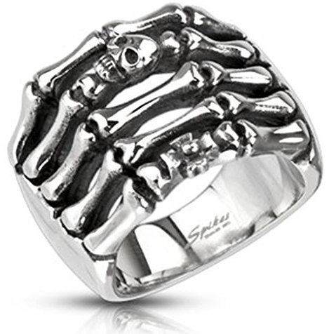 BlackAmazement Unisex Totenkopf Ring Edelstahl Bone Skeleton Hand Knochen Massiv Biker Gothic (68 (21.6))