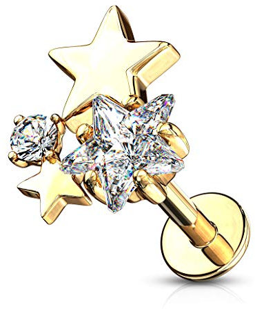 beyoutifulthings 1 Knorpel Ohr-Stecker 3 Sterne Gold 2 Zirkonia Clear Piercing-s Labret Chirurgenstahl Schraub-Verschluss Stab 8-mm lang 1,2-mm dick