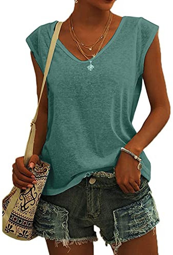 KOG Bluse Damen Elegant Ärmellose T-Shirt Shirt Casual Weiß Oberteile mit Flügelärmeln Frauen Schwarz Kleidung Frau Grau Sommer Shirts Top Damen V-Ausschnitte Tshirt Klamotten Grün S