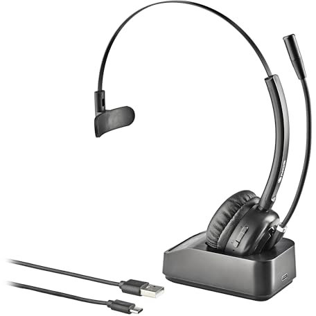 NGS Buzz Blab - Auricular monoaural con micrófono omnidireccional y Base de Carga, multidispositivo, Diadema Ajustable, Ideal para teletrabajo, Oficina, Color Negro.