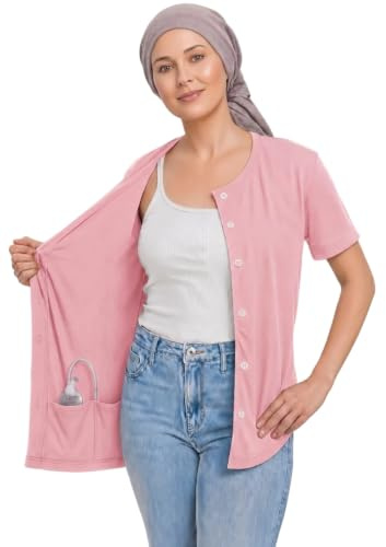USBD Chemise Post-Mastectomie avec Poches de Drainage, col Rond boutonné sur Le Devant, Coton mélangé Doux