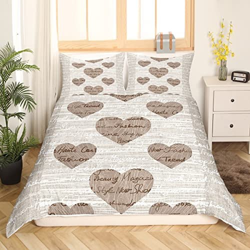 Amant Housse de Couette Beige Marron Femmes Filles Grain de Bois Ensemble de Literie Mot Imprimer Couples Coeur Motif Housse de Couette Ensemble Rétro Romance 3 pièces pour Chambre Décor, 200x200cm