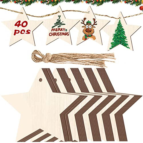 40 Stück DIY Weihnachtsdekoration Holz, Geschenkanhänger, Schneeflocken zum Bemalen, Basteln, Tannenschmuck, Baumschmuck