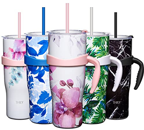 THILY 1180 ml Insulated Tumbler with Handle - Stainless Steel Coffee Travel Mug with Lid and Straws, Keep Drinks Cold for 34 Hours or Hot for 12 Hours, Dishwasher Safe, BPA Free, Lotus Flower